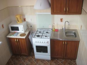 a small kitchen with a stove and a microwave at Комфортная 1-комнатная Новопречистенская 1 in Cherkasy