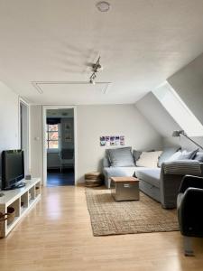 ein Wohnzimmer mit einem Sofa und einem TV in der Unterkunft Ferienwohnung Hochdorfer Garten in Tating