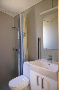 a bathroom with a sink and a toilet and a mirror at Fjordlyst Camping & Cottages in Aabenraa