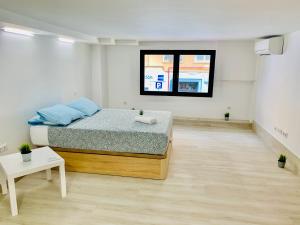 um quarto com uma cama num quarto branco em NUEVOS DUPLEX PRINCIPE VERGARA em Madri