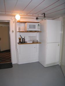 呂瑟希爾的住宿－Accommodation for 2 in the center city of Lysekil，厨房配有白色冰箱和微波炉