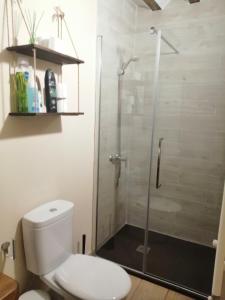 een badkamer met een toilet en een glazen douche bij Habitacion tienda de felipe EL DESPACHO in Pontones