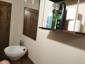 een badkamer met een wastafel en een plank met toiletartikelen bij Habitacion tienda de felipe EL DESPACHO in Pontones