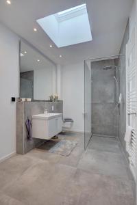 La salle de bains est pourvue d'une douche, d'un lavabo et de toilettes. dans l'établissement Exklusive Ferienwohnung mit Blick auf den Yachthafen, à Peenemünde