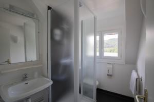 a white bathroom with a sink and a shower at Hotel Bellevue in Chambon-sur-Lac +121 photos