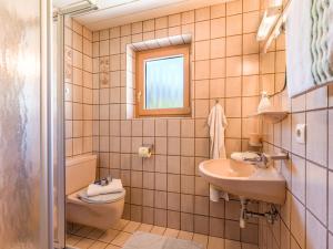 La salle de bains est pourvue d'un lavabo, de toilettes et d'une fenêtre. dans l'établissement Gästehaus Geisler, à Hippach