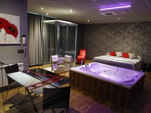 Zimmer mit einem Bett und einer Badewanne in der Unterkunft Motel Los Abedules in Oviedo