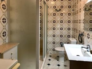 een badkamer met een toilet, een wastafel en een douche bij Casa de la Abuela in Fabero