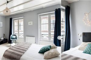 2 fotos de un dormitorio con cama y ventana en R-Appartements La Petite Strasbourgeoise Hygge studio cosy centre-ville Strasbourg, en Estrasburgo