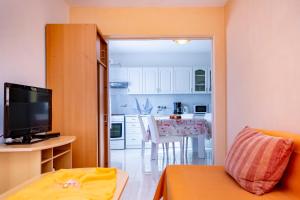 a small apartment with a kitchen and a living room at Apartmani Jurman in Matohanci