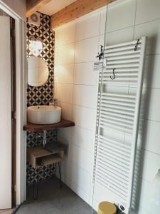 een badkamer met een wastafel en een douche bij Hofstede 's Gravenhoek in Wissenkerke