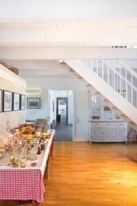 a kitchen with a buffet of food on a table at Louisenhof Ferienapartments und Wellness in Burg