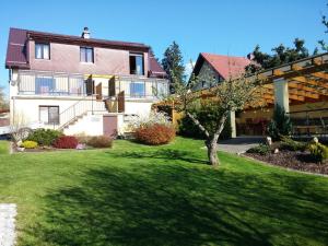 a large house with a green lawn in front of it at Apartmá Na pláži in Frymburk