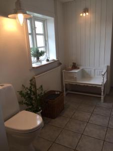 a bathroom with a tub and a toilet and a sink at Aasesminde in Fåborg