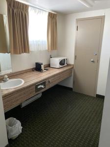 a bathroom with a sink and a microwave on a counter at Ramada by Wyndham Thunder Bay Airlane Hotel in Thunder Bay