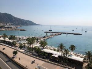 a large body of water with palm trees and a beach at APPARTEMENT TERRASSE VUE MER Sea view terrace apartment "Etoile de Mer" in Menton