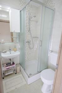 a bathroom with a shower and a toilet and a sink at Apartmani Srdoč in Baška +67 photos