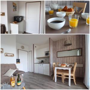 eine Küche und ein Wohnzimmer mit einem Tisch und eine Küche mit Orangensaft in der Unterkunft Superbe appart.T2 face à la mer à Tréboul Douarnenez in Douarnenez