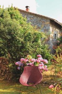 a pink rattan chair sitting in front of flowers at La Ventanita Del Campo in La Cavada