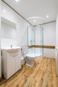 a bathroom with a toilet and a sink and a shower at Domek nad jeziorem Dobskim - Fuleda 5 in Fuleda
