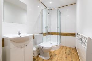 a bathroom with a shower and a toilet and a sink at Domek nad jeziorem Dobskim - Fuleda 5 in Fuleda +26 photos