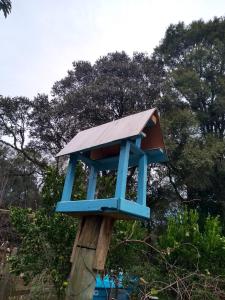 uma casa de pássaros azul sentada em cima de um poste de madeira em Residencial Saldanha em Gramado