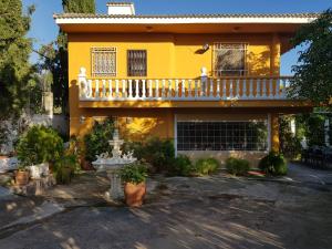 a yellow house with a balcony and plants at Alojamiento Julian in Quesada