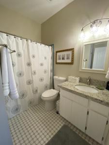 a bathroom with a toilet and a sink and a shower at Bisbee Brownstone Suites in Bisbee