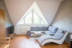 ein Wohnzimmer mit einem Sofa und einem Fenster in der Unterkunft Apartmá Kateřina Velké Losiny in Velké Losiny