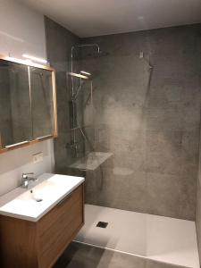 un bagno con doccia, lavandino e porta doccia in vetro di B&B Presende a Veurne