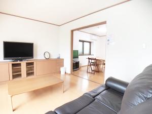 a living room with a couch and a flat screen tv at Itsukaichi First Villa Hiroshima in Hiroshima
