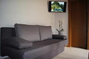 ein Sofa im Wohnzimmer mit einem TV an der Wand in der Unterkunft Pension Schipflinger Itter in Itter