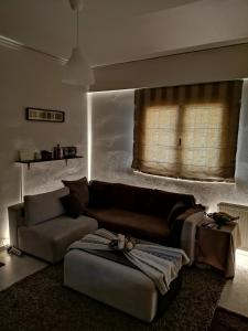 uma sala de estar com um sofá e uma janela em George Central Apartment em Pirgos