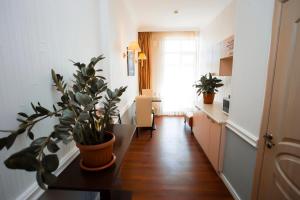 a kitchen with a table with a plant on it at SKYAruna in Astana