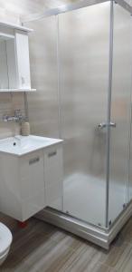 una ducha con puerta de cristal en un baño en Apartman 4 - Studio Janja, en Soko Banja 12 fotos más