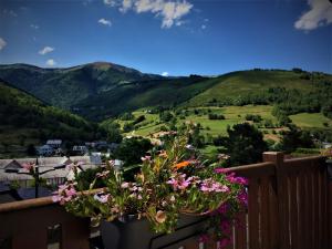 a flower pot on a fence with mountains in the background at Résidence Balcons de La Neste in Arreau