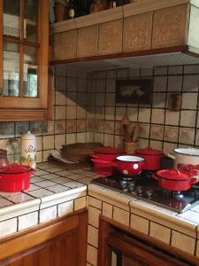 エゲルにあるVilla Kőporosのキッチン(コンロの上に鍋やフライパン付)