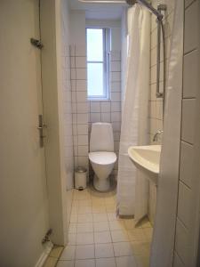 een badkamer met een toilet, een wastafel en een raam bij Ydunsgade in Kopenhagen