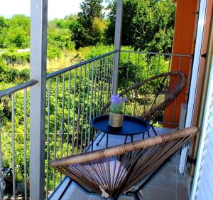 Ágios Rókkos的住宿－agis apartment corfu，阳台的椅子,带桌子和鲜花