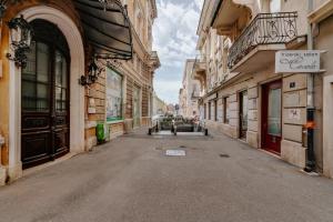 an empty street in an alley between buildings at Black & White Apartments in Rijeka +25 photos