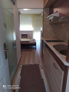 a small kitchen with a sink and a table at Mira Apartman in Keszthely