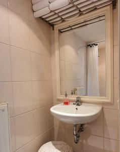 a bathroom with a sink and a mirror at Chapeau ! in Garderen