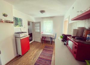 a kitchen with a red stove and a table at Hățăgel Country House in Hăţăgel