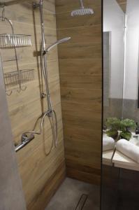a shower in a bathroom with a wooden wall at Apartament Centrum in Szklarska Poręba