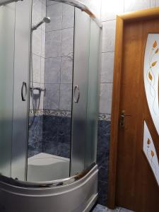 a shower with a glass door in a bathroom at Номер в приватному будинку in Morshin