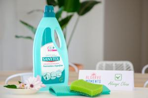 a bottle of sambron bathroom cleaner sitting on a table at Algarve Beaches Apartment by Portugal Collection in Porches