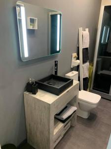 La salle de bains est pourvue d'un lavabo, de toilettes et d'un miroir. dans l'établissement Dolce Vita **** vue sur Cathédrale, à Boulogne-sur-Mer