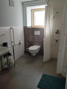 a bathroom with a toilet and a sink and a window at Hengnau 46, Ferienwohnung Stiefel EG in Hengnau