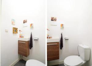 two pictures of a bathroom with a toilet and a sink at Marijke's guestroom in Amsterdam