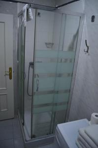 a shower with a glass door in a bathroom at Estudio Puerta del Sol Esparteros in Madrid